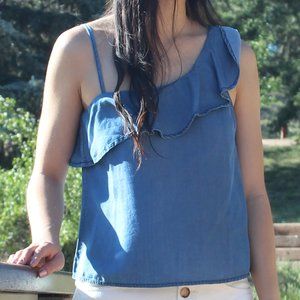 chambray one-shoulder ruffle top